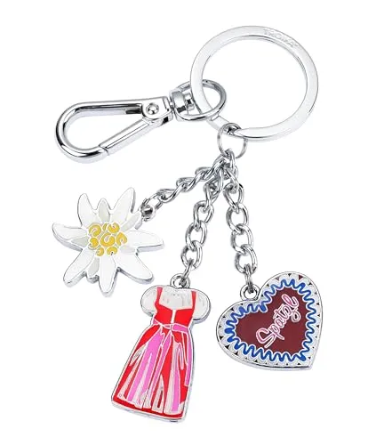 TROIKA OKTOBERFEST Schlüsselanhänger Dirndl mit Karabiner und 3 Anhängern Dirndl Edelweiß Spatzl Accessoires Oktoberfest Frauen Geschenk Oktoberfest Mitbringsel Metall, Emaille Original