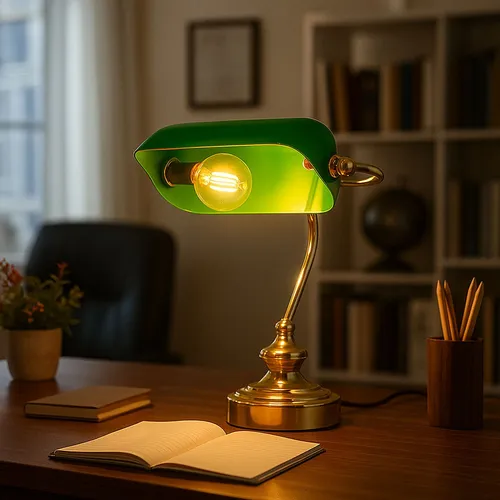 Vintage Tischleuchte Bankerleuchte Messing grün - Tischleuchte im antiken Stil, ideal für Büro und Schreibtisch. Mit elegantem grünen Lampenschirm und warmweißem LED-Leuchtmittel für eine entspannte Atmosphäre.