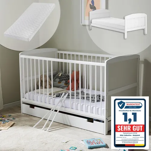Babybett 70x140 mit Schublade und Matratze - Umbaubares Gitterbett aus Kiefernholz, höhenverstellbar und mit herausnehmbaren Sprossen. Ideal für lange Nutzungsdauer dank zusätzlichem Rausfallschutz.