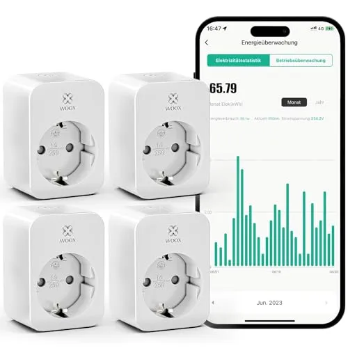 WOOX Smart WLAN Steckdose Alexa 4er pack mit Strommessung 16A, TÜV zertifiziert, Sprachsteuerung, Zeitschaltuhr & Timer, funktioniert mit Tuya APP, Alexa, Google Home, Nur 2.4GHz WIFI