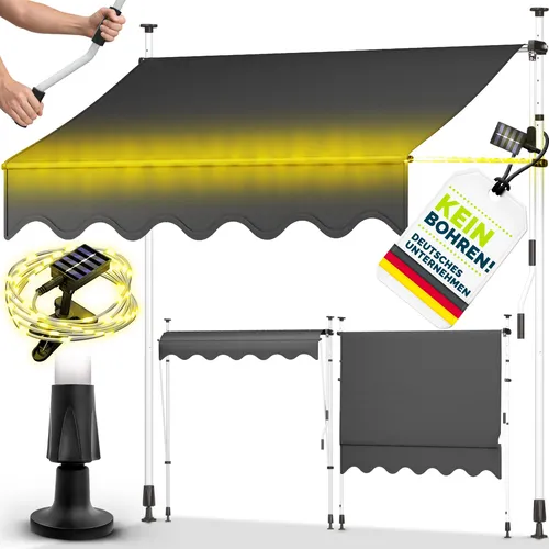 tillvex Klemmmarkise 200 cm Grau mit Solar LED - Hochwertige Balkonmarkise ohne Bohren, UV-beständig und wasserdicht. Mit Solar-LEDs für stimmungsvolles Licht und einfache Handhabung durch Kurbel und Klemmmechanismus.