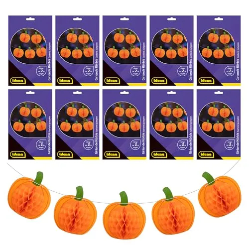 Idena 90465 - Girlanden Kürbis, 10 Stück, ca. 2 m lang, orange Papiergirlanden mit Kürbissen, Halloween Deko