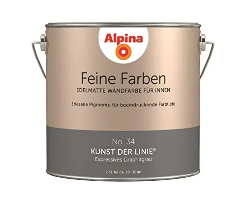 Alpina Feine Farben No. 34 - Kunst der Linie® edelmatt 2,5 Liter - Edelmatte Wandfarbe in expressivem Graphitgrau für Innen. Erlesene Pigmente sorgen für beeindruckende Farbtiefe und strapazierfähige Oberflächen. Ideal für ca. 20-30m², lösemittel- und konservierungsmittelfrei.