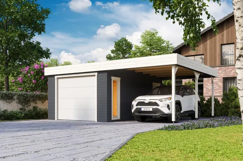 Garage Pultdach 44 mm Bahamas mit Sektionaltor grau 680x560 cm - Gartenhäuser & Carports: Robuste Holzkonstruktion mit 34,59 m² Nutzfläche und abschließbarem Sektionaltor für Sicherheit und Funktionalität.