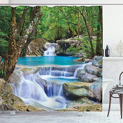 ABAKUHAUS Natur Duschvorhang, Felsen in See mit Wasserfall in blau von Abakuhaus