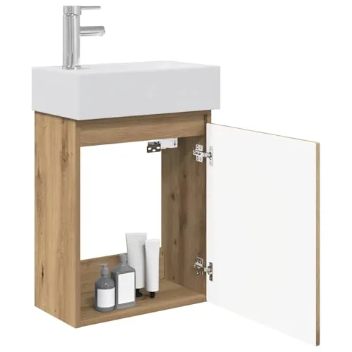 vidaXL Badezimmer Waschtischunterschrank mit Wasserhahn Artisan-Eiche - Moderner Waschtischunterschrank mit Wasserhahn in Artisan-Eiche. Praktisches Design mit viel Stauraum und hochwertiger Holzwerkstoff-Konstruktion. Ideal, um Stil und Funktion im Badezimmer zu vereinen.