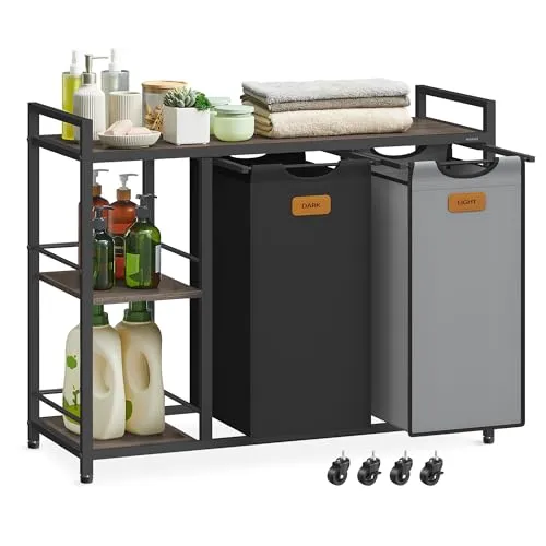 VASAGLE Wäschekorb 2 Fächer, Wäschesammler 100 L, Wäschesortierer, Rollen, Wäschewagen mit Ablagen, Wäschesack, mit abnehmbaren Taschen, 6 Etiketten, kastanienbraun-tintenschwarz-taubengrau BLH311B02