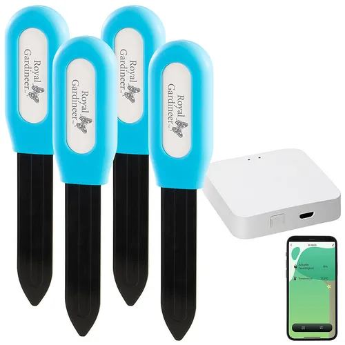 4x Pflanzen-Bodenfeuchtigkeits- & Temperatursensor + WLAN-Gateway, App
