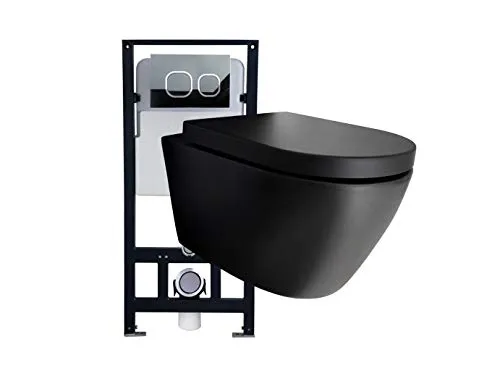 WC-Komplettpaket 43: WC B-8030R in Schwarz Matt und Soft-Close Sitz mit Vorwandelement G3004A und Betätigungsplatte vorne, Betätigungsplatte:Modell 4111 satin