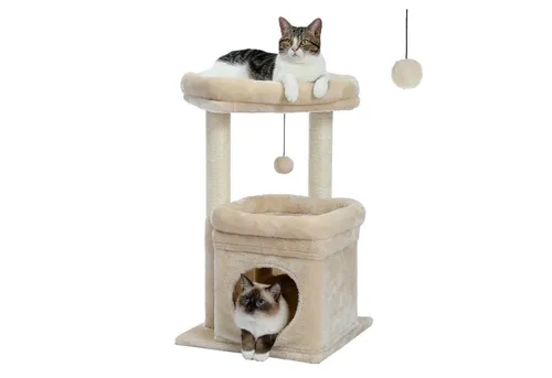 Purpurra Kratzbaum für Indoor-Katzen mit gemütlichem Katzenhaus, 68cm, Beige - Kratzbaum für Indoor-Katzen, 2 Ebenen und ein gemütliches Katzenhaus bieten optimalen Komfort für Ihre Katze.