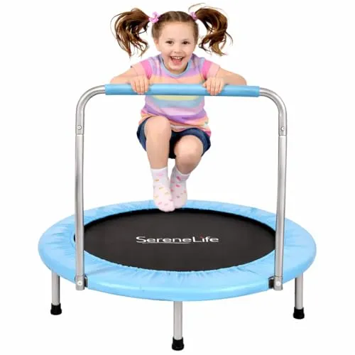 SereneLife Trampolin Klein, Ø 91cm Kindertrampolin Outdoor/Indoor, Klappbar mit Schaumstoffgriff, Max 68 Kg, Gartentrampolin für Kleinkind Jungen, Mädchen ab 3 4 5 6 7 Jahren, Himmelblau
