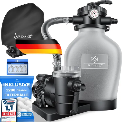 KESSER® Sandfilteranlage mit Pumpe & 1200g Filterbälle - Effiziente Poolfilteranlage mit 13200L/h Durchfluss, 7-Weg-Ventil und leisen Betrieb. Ideal für klares Wasser im eigenen Schwimmbecken.
