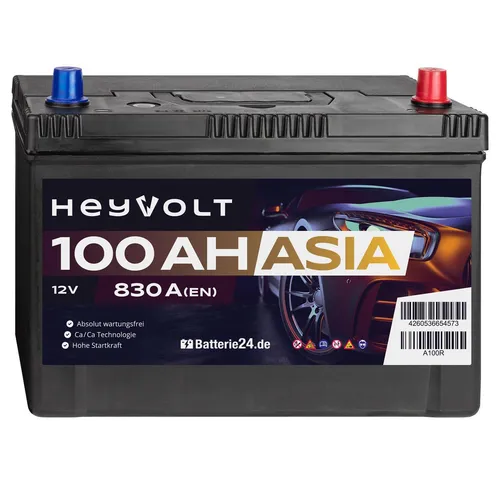 HeyVolt 100Ah Starterbatterie ASIA Autobatterie A100R 12V 830A Pluspol Rechts