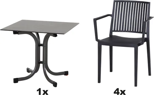Siena Garden Gartensessel Lane Set anthrazit mit Tisch 80x80 cm - 4er Set stapelbarer Gartensessel und passender Tisch, witterungsbeständig und pflegeleicht. Ideal für gemütliche Stunden im Freien!
