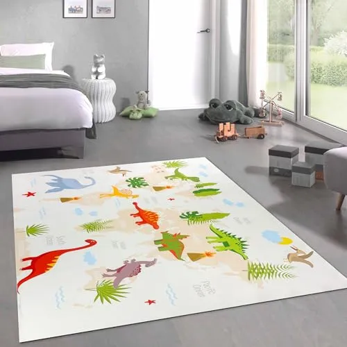 CARPETIA Teppich Dinosaurier-Abenteuer Lernteppich rutschfest flachgewebe saugroboterfreundlich pflegeleicht waschbar schadstofffrei strapazierfähig Wohnzimmer Spielzimmer Beige 120 x 160 cm
