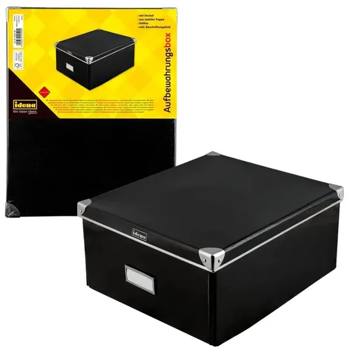 Idena Aufbewahrungsbox aus festem Karton mit Metallkanten – Schwarz - Praktische Aufbewahrungsbox von Idena in Schwarz, mit stabilen Metallkanten und Beschriftungsfeld. Ideal für Ordnung im Büro und Haushalt, faltbar und stapelbar für platzsparende Lagerung.