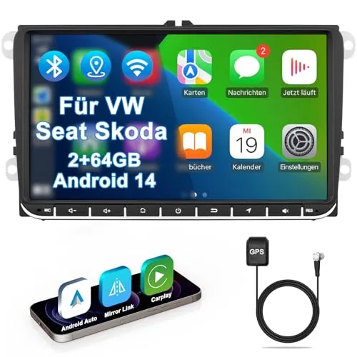 VW Autoradio mit Bildschirm 2+64GB für Golf 5 6 Polo T5 Passat Touran Seat Skoda, 2Din Bluetooth Auto Radio mit Navi DAB WLAN FM/AM, Apple Carplay, Android Auto, Lenkrad Strg,Android 14 (9 Zoll)