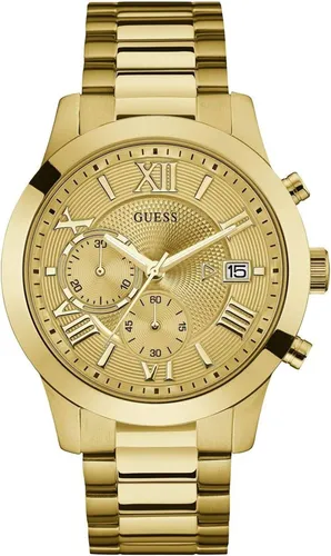 Guess Multifunktionsuhr Atlas - Elegante Damen Armbanduhr aus Edelstahl mit goldfarbenem Zifferblatt und Stoppuhr-Funktion – ideal für stilbewusste Frauen.