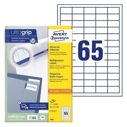 Zweckform 3666 Avery Etiketten 38 x 21.2mm - 6500 Stück - Universaletiketten in Weiß, selbstklebend und bedruckbar, ideal für alle Drucker. Mit QuickPeel-Abziehhilfe für einfaches Entfernen und perfekte Druckqualität.