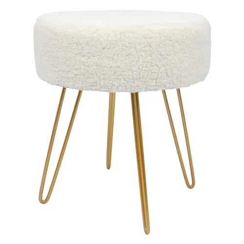 Harbour Housewares 1x Creme/Gold H41 x D35cm Runden Bouclé-Fußhocker - Klein Wohnzimmer Schminktisch Fußbank Ottomane Sitzpuff Stuhl Sitz