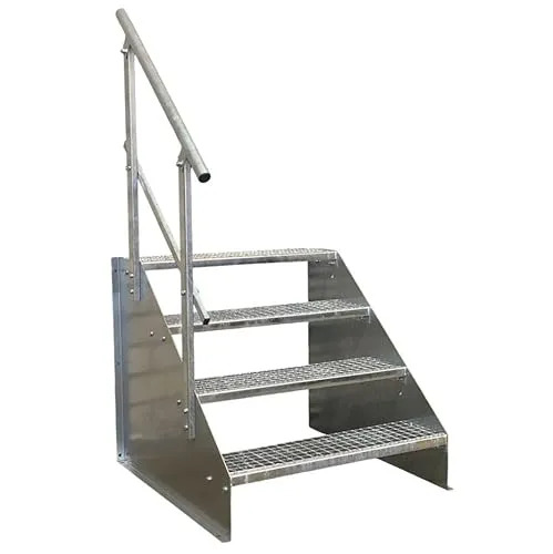 SRM Design Außentreppe 4 Stufen mit Geländer - Freistehende Stahltreppe mit 4 Stufen, Breite 80 cm, Höhe 84 cm. Ideal für Garten, Wohnwagen oder gewerblichen Einsatz. Verzinkte Oberfläche bietet optimalen Korrosionsschutz und einfache Montage.