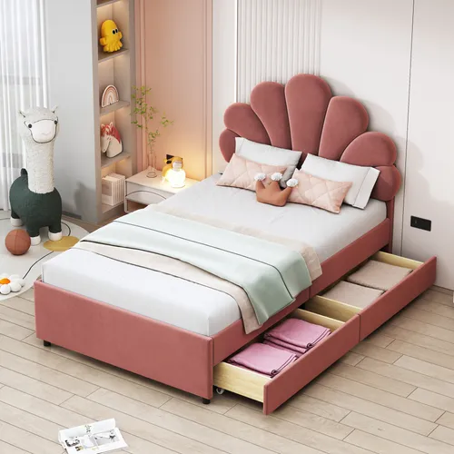 STILVORA Polsterbett 90x200 Kinderbett mit 2 Ablagefächern,Bettgestell mit Kopfteil in Blumenform,Jugendbett mit Lattenrost,mit Matratze,Rosa
