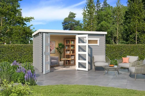 Gartenhaus Blockhaus Pultdach 28 mm Augusta grau 400x250 cm - Gartenhaus aus robustem Holz mit 8,4 m² Nutzfläche, abschließbarer Doppeltür und Echtglasfenster für optimale Sicherheit und Licht.