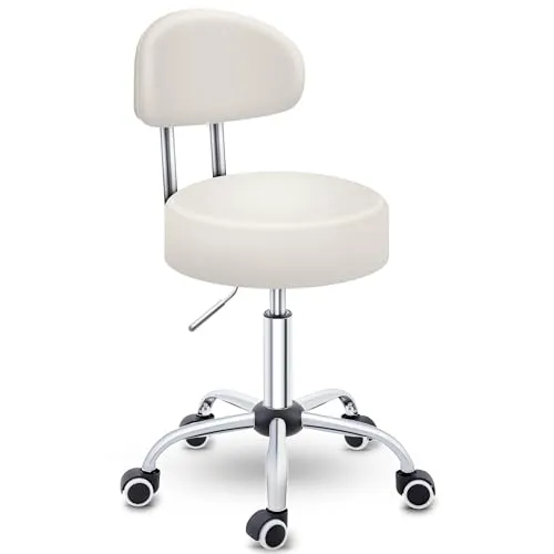 TRESKO® Rollhocker mit Lehne Beige - Höhenverstellbar & Drehbar - Bürostuhl Hocker, 360° drehbar und höhenverstellbar (46-58 cm) für höchsten Komfort und Flexibilität. Ideal für Büro, Praxis und mehr, mit pflegeleichtem Kunstlederbezug.