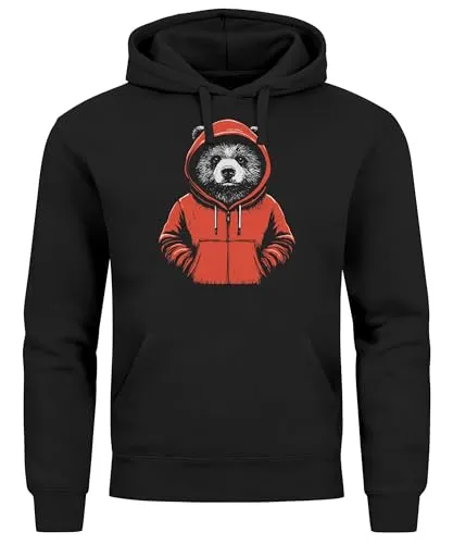 Neverless® Hoodie Herren Bär Bear Comic Gartoon Illustration Grafik Männer Fashion Streetstyle schwarz XL