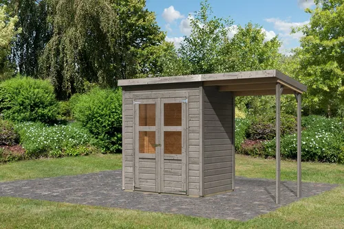 Gartenhaus KARIBU „Merseburg 2“ mit Anbaudach, vorvergraut - Gartenhäuser aus Fichtenholz, perfekt für die individuelle Gestaltung Ihres Gartens, mit robustem Pultdach und Doppelflügeltür für einfachen Zugang.
