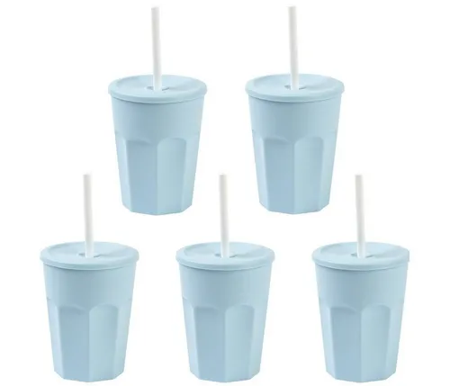 Engelland Becher Wiederverwendbare Plastikbecher mit Deckel und Strohhalm, 0,25 Liter, 5-tlg., Kunststoff, BPA-frei, spülmaschinengeeignet, lebensmittelecht, Temperaturbeständig
