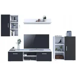 MATKAM Wohnwand Dedal 4-teilig - Elegante Wohnkombination in Weiß-Schwarz - Moderne Wohnwand aus strapazierfähiger laminierter Platte mit viel Stauraum und pflegeleichter Oberfläche. Ideal für jedes Wohnzimmer, Kinder- oder Jugendzimmer.