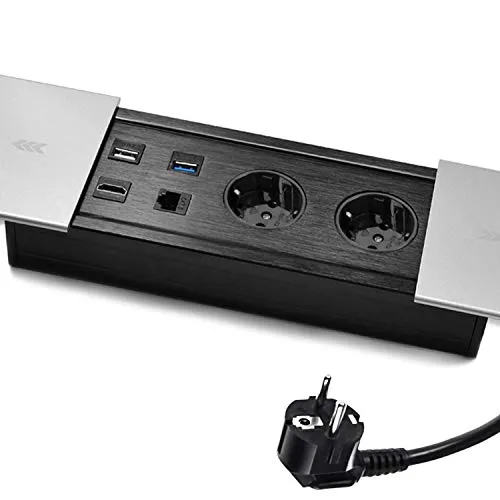 Versenkbare Tischsteckdose mit 2 Schuko, USB 2.0 & USB 3.0, HDMI, Ethernet, Einbausteckdose für Arbeitsplatte, Konferenztisch, Küche, Büro, 230V, 1,5m Kabel, Schiebbare Abdeckung
