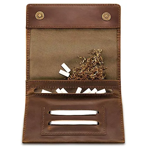Indian Pearl Echtleder Tabaktasche mit extra Reißverschlußfach I Handgemachter Tabakbeutel I Drehertasche Leder, Tobacco Pouch, Drehbeutel, Drehtabak (Dunkelbraun/Dunkelbraun)