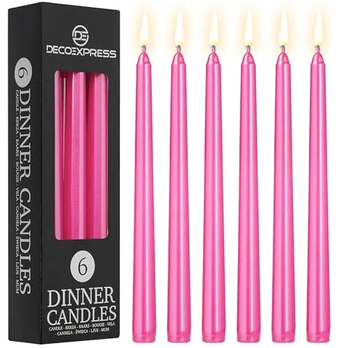DECO EXPRESS Stabkerzen Set 6er, 10, 15 oder 50er, Lange Brenndauer bis zu 8 Std, Geruchslos (Metallisch Rosa - 6er-Pack)