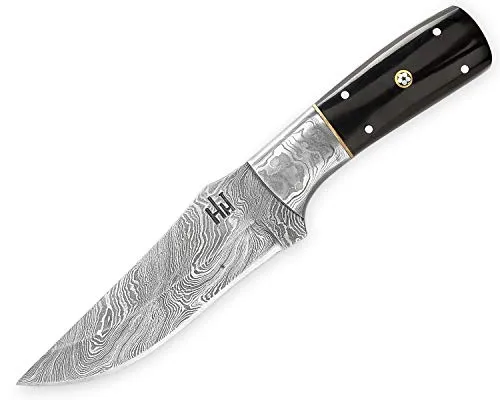 Hobby Hut HH-701, 21.6 cm Damast Jagdmesser mit Lederscheide, feststehende Full Tang Klinge, Damastmesser JagdmesserExtra Scharf,Buffalo Horn Griff, Scheide aus Leder