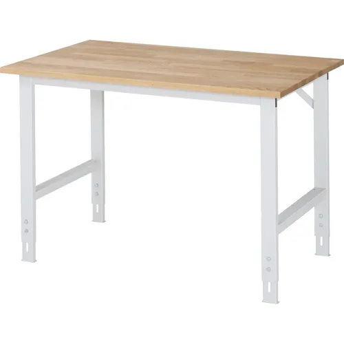 Rau Arbeitstisch Tom, höhenverstellbar 125 x 76-108 cm - Höhenverstellbarer Arbeitstisch für Werkstätten mit stabiler Buche-Massiv-Arbeitsplatte und einer Traglast von 500 kg. Ideal für ergonomisches Arbeiten.