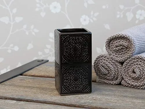 Chic Antique Zahnputzbecher, Seifenspender, Seofenschale Relief oder Diamant Porzellan Edles Design (Becher Relief Schwarz)