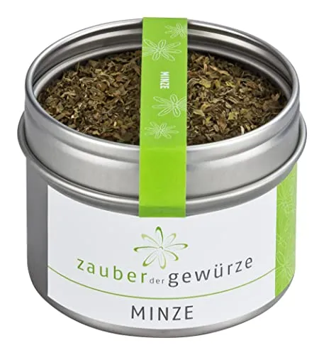 Zauber der Gewürze Minze, gerebelt getrocknet, Pfefferminze, hocharomatisch, zum Kochen und für Minztee, Spitzenqualität in wiederverschließbarer Aroma-Dose, 15 g