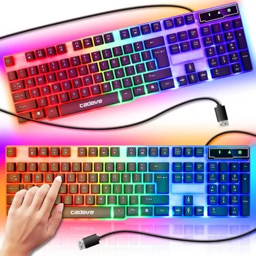 Retoo Gaming-Tastatur mit dynamischer RGB-LED-Diode, Kabelgebundene Membran-Gaming-QWERTY-Tastatur für PC, Gamer, Arbeits, Kompakter und Ergonomisch Tastatu, hörbare Multimedia-Tasten