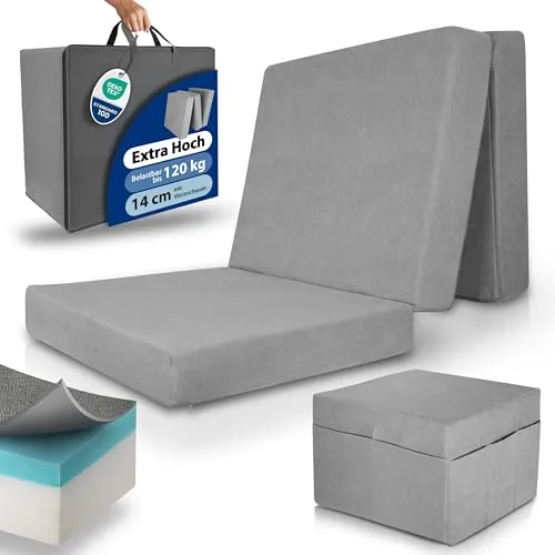 Beautissu Premium XXL Klappmatratze 120x200cm Gästebett faltbar inkl. Husse – extra dick 14cm Visco-Matratze optimaler Härtegrad H3 hoher Schlafkomfort – waschbar Gästematratze klappbar – Grau
