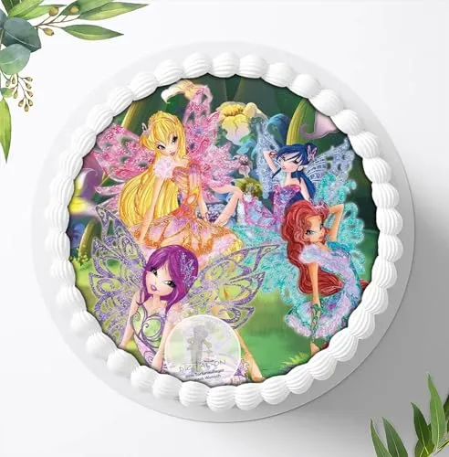 Für den Geburtstag ein Tortenbild, Zuckerbild mit dem Motiv: Winx Feen Elfen, Essbares Foto für Torten, Fondant, Tortenaufleger Ø 20cm, 0535w