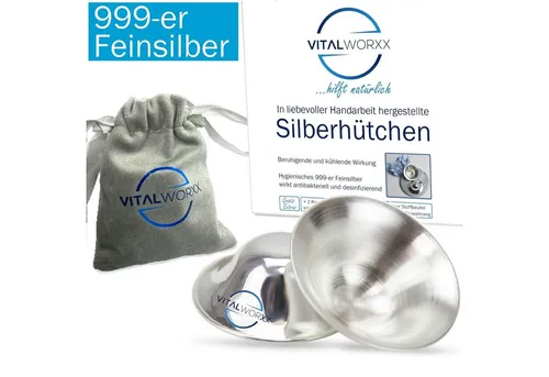 VITALWORXX Stillhütchen - 2 Stück Silberhütchen für empfindliche Brustwarzen - Stillhütchen aus 999-er Feinsilber mit kühlender, antibakterieller Wirkung, inklusive Stilleinlagen und Aufbewahrungsbeutel - die ideale Lösung für stillende Mütter.