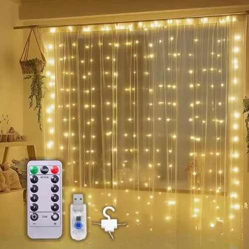 Montegoni 3x3M USB Lichtervorhang Warmweiß für Innen Außen, 300 LEDs USB Lichterkette mit Fernbedienung und Haken, 8 Modi | Wasserdicht | Lichterketten für Weihnachten, Hochzeiten & Partys