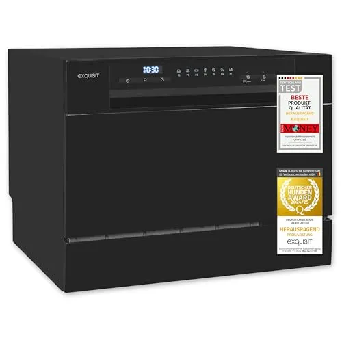 Exquisit Mini-Geschirrspüler GSP5206-030D, schwarz - Kompakte Tischspülmaschine für kleine Küchen, mit nur 55 cm Breite und 6,5 Litern Wasserverbrauch pro Spülgang. Automatische Türöffnung für optimale Trocknung und einfache Bedienung mit LED-Display.