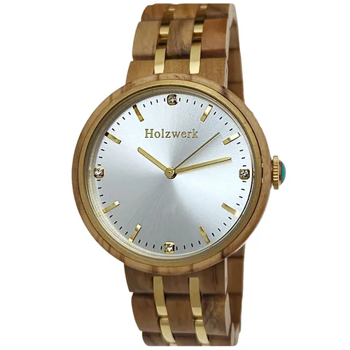 Holzwerk Quarzuhr LEBUS - Edle Damen Strass Holz Armband Uhr - Armbanduhren mit exklusivem Design! Diese Damen Holzuhr vereint edelstahlfarbene Elemente mit Strasssteinen und einem einzigartigen beigen Look.