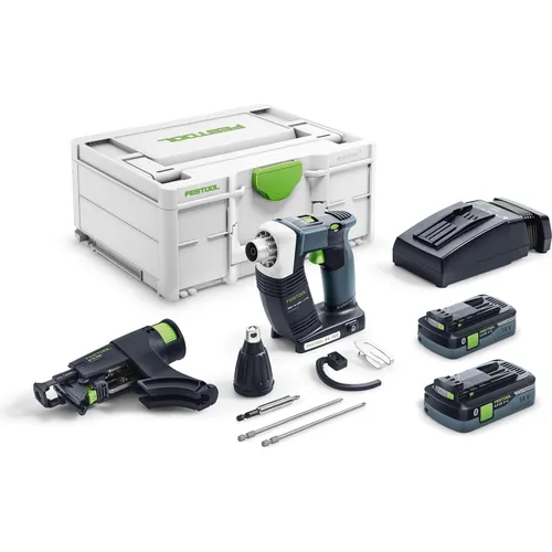 Festool Akku-Bauschrauber DWC 18-4500 HPC 4,0 I-Plus - Akkuschrauber mit 18 V und bürstenlosem Motor, ideal für präzises Arbeiten im Trockenbau. Mit 2 Akkus und umfangreichem Zubehör für maximale Flexibilität.