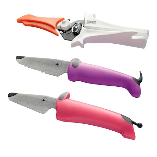 KUHN RIKON Kinderkitchen Messer Set 1x Hund mit Zähnen violett und 1x Hund ohne Zähne fuchsia und 1x Schere mir Klingenschutz weiss, Kindermesser ab 3 Jahren, 3-teilig
