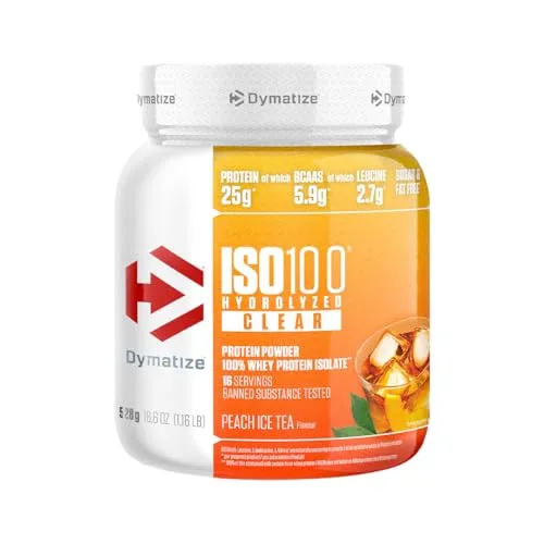 Dymatize ISO 100 Hydrolized Clear Whey Protein Pulver Peach Ice Tea 528g - Hochwertiges Proteinpulver mit 25 g Molkenproteinisolat pro Portion. Zucker- und fettfrei, glutenfrei und ideal für Vegetarier. Geprüfte Sicherheit für Athleten durch 'Informed-Choice'.