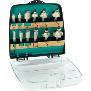 ENT 09012PLUS 12-tlg. HW Fräser PLUS Set - Einsätze zur Kantenbearbeitung & Aushöhlung, langlebige Fräser mit Anti-Haft-Beschichtung für besseren Spanauswurf und vielseitige Anwendung in Holzprojekten.